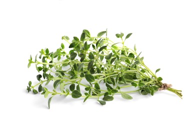 Photo of Bunch of fresh marjoram leaves on white background