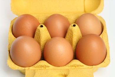 Photo of Chicken eggs in carton isolated on white