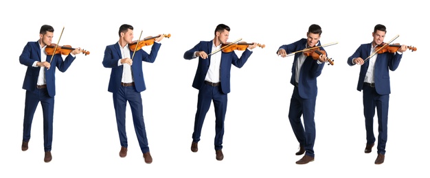 Collage with photos of happy man playing violin on white background