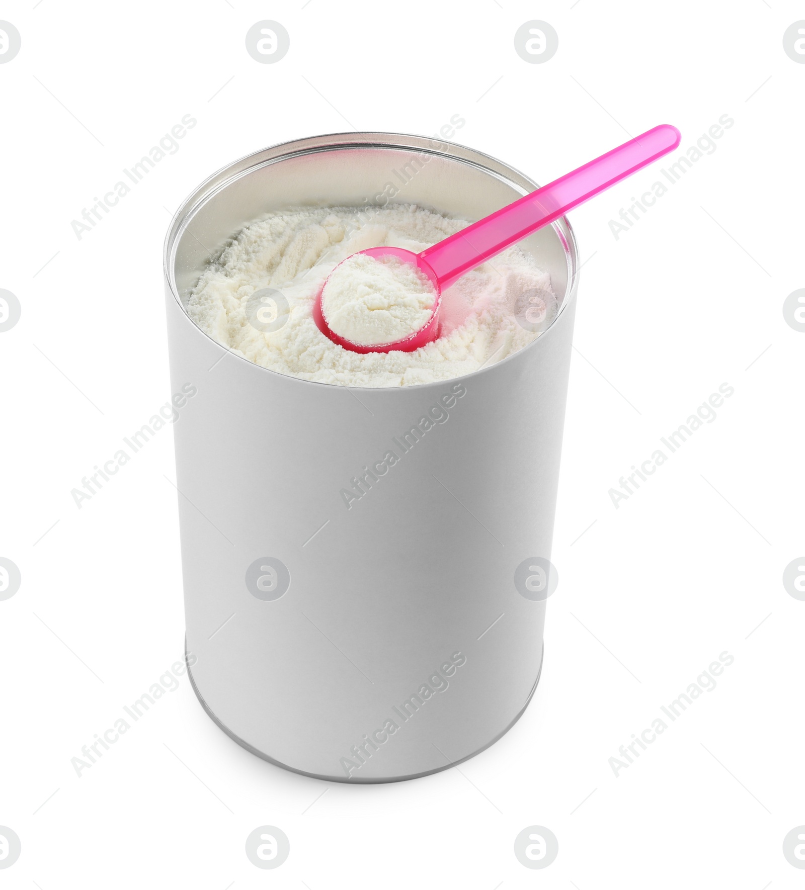 Photo of Blank can of powdered infant formula with scoop isolated on white, mockup for design. Baby milk