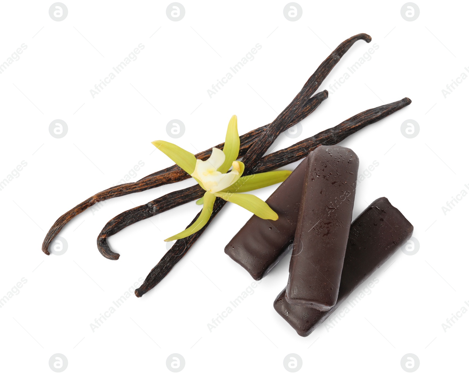 Photo of Glazed curd cheese bars, vanilla pods and flower isolated on white, top view