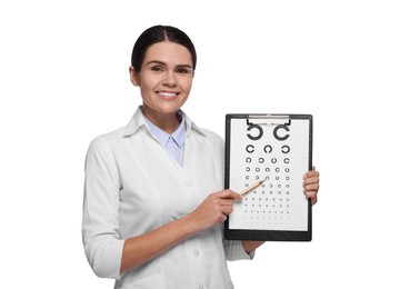 Ophthalmologist pointing at vision test chart on white background