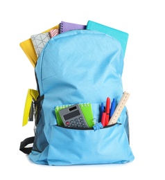 Photo of Backpack with school stationery on white background