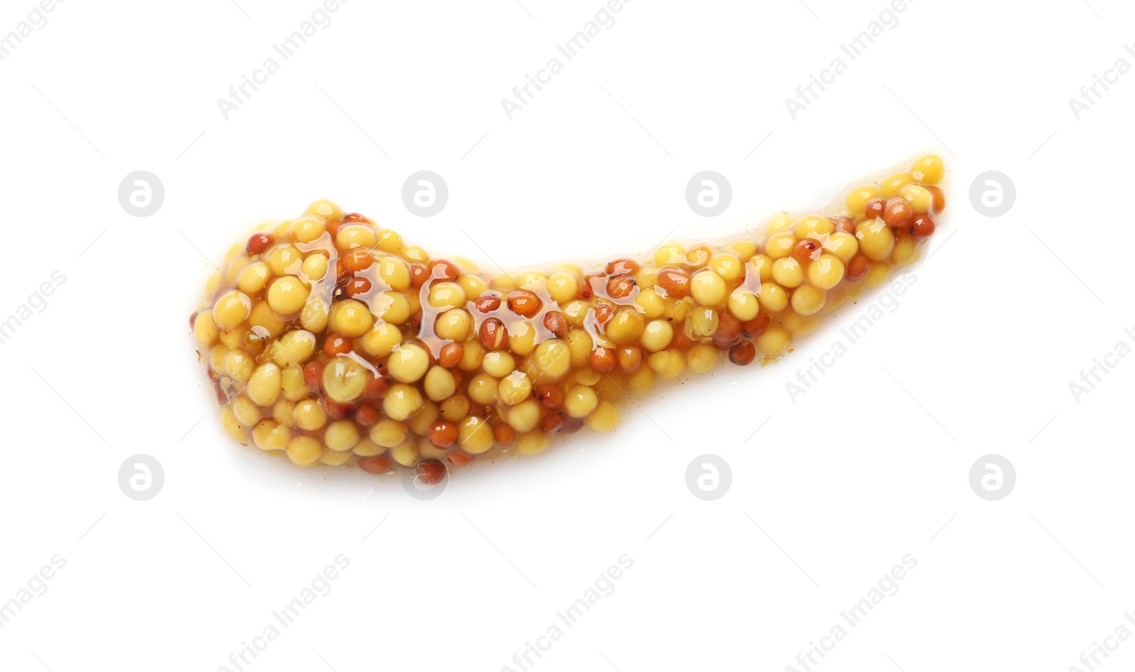 Photo of Delicious mustard beans on white background, top view. Spicy sauce