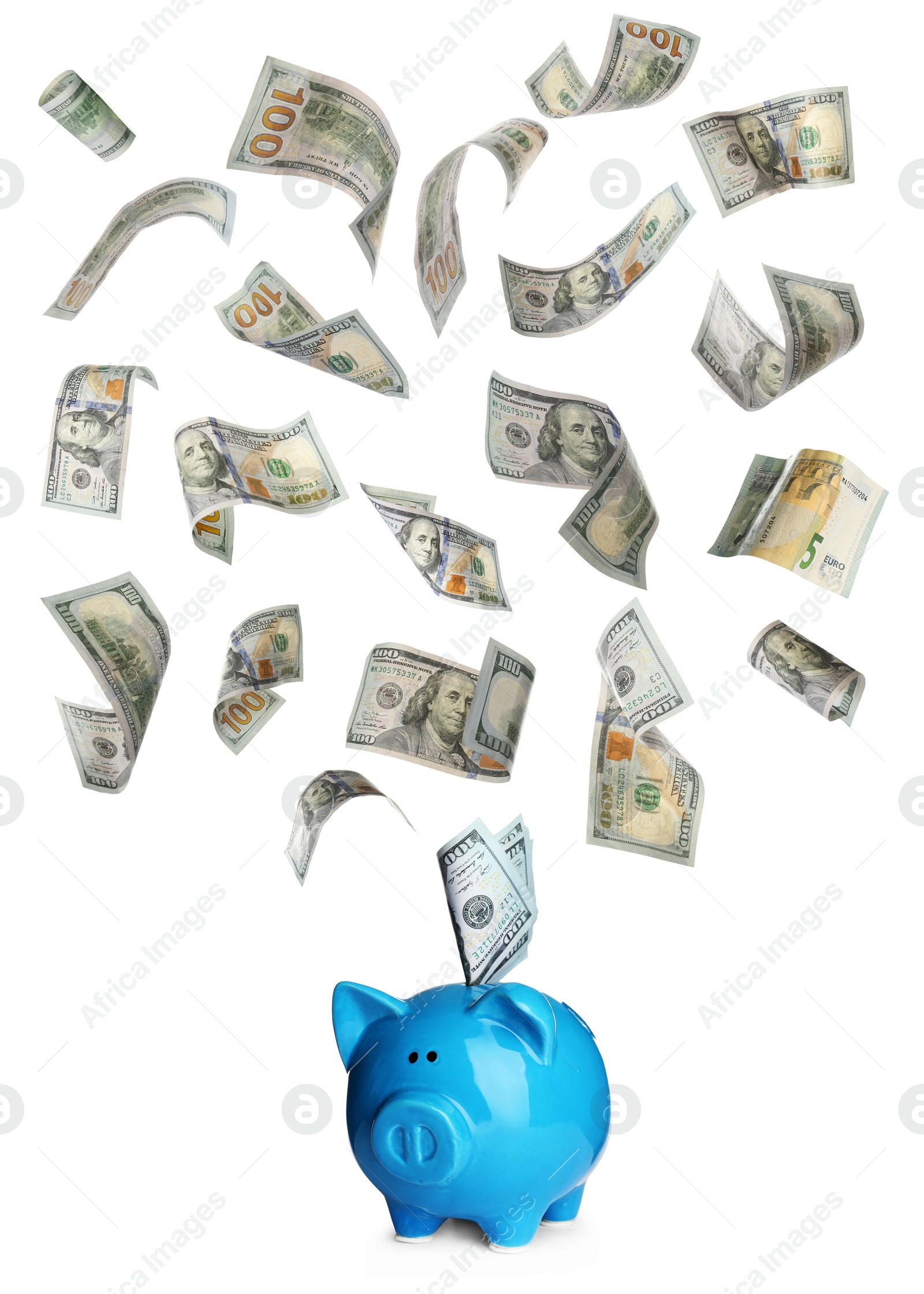 Image of Cute piggy bank and banknotes flying on white background