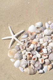 Photo of Beautiful starfish and sea shells on sandy beach, flat lay