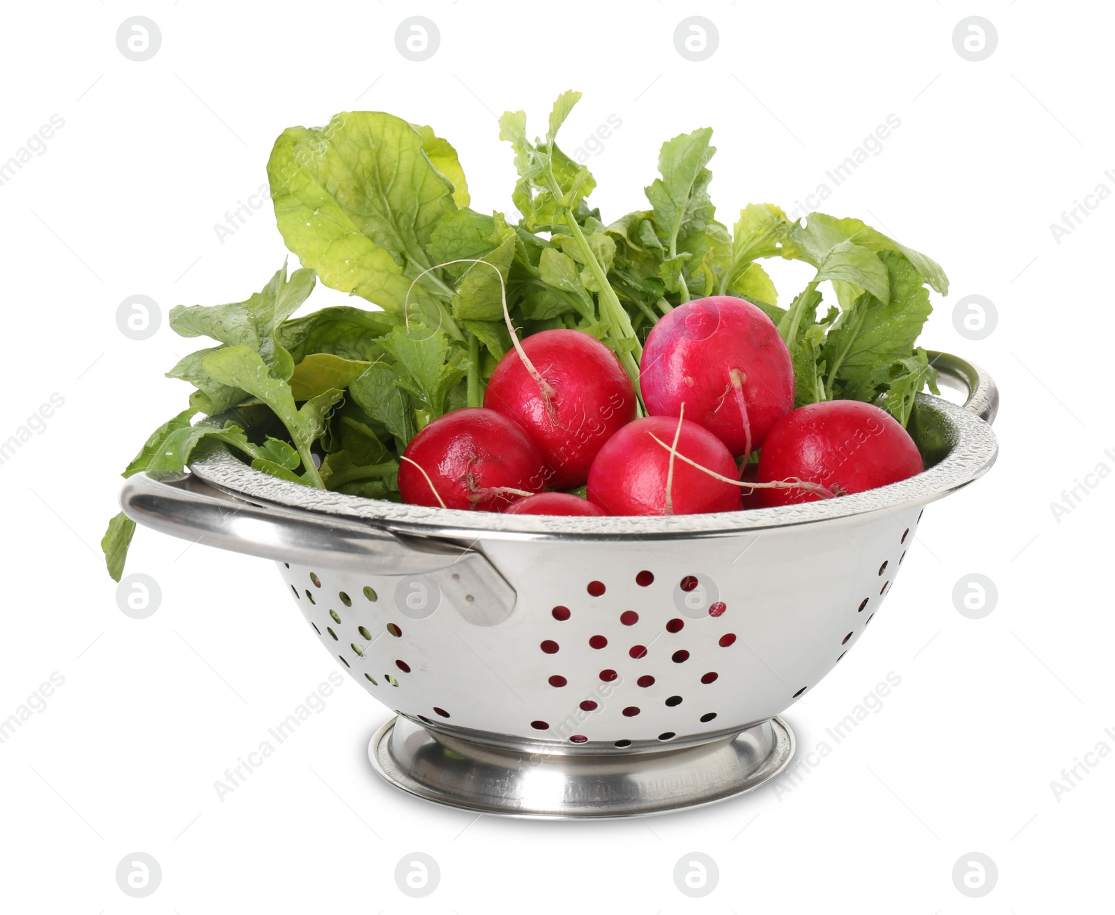 Photo of Metal colander with fresh radishes isolated on white