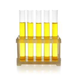 Photo of Test tubes with yellow liquid on white background