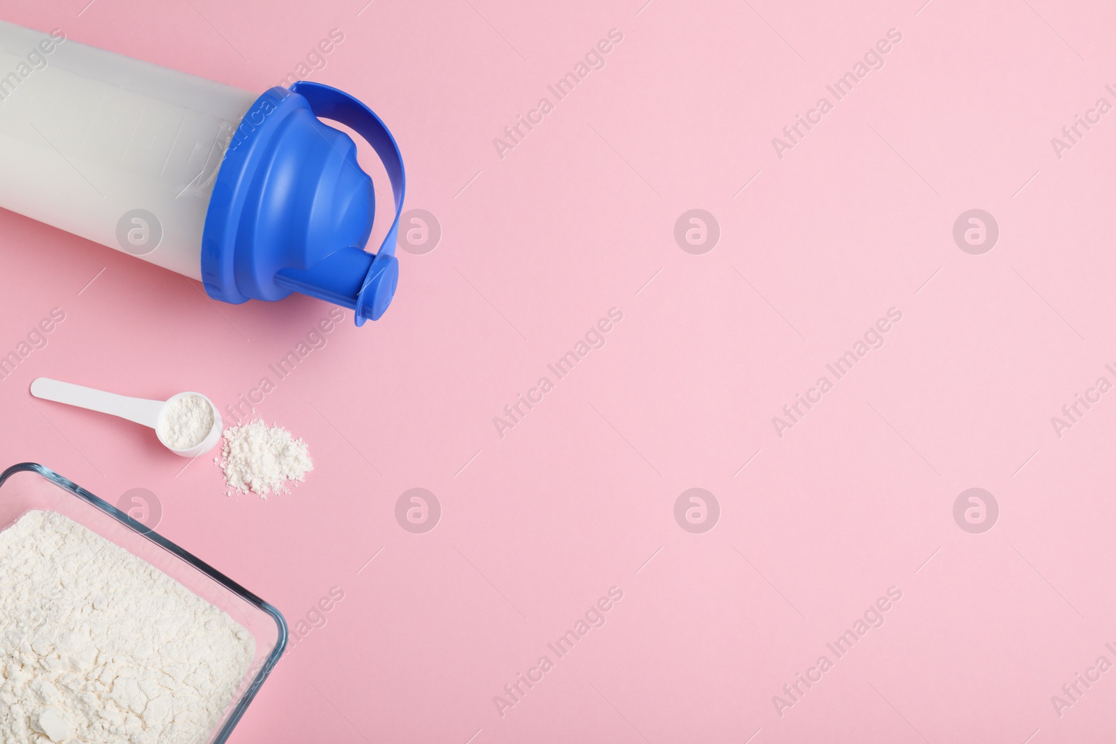 Photo of Flat lay composition with protein powder on color background. Space for text