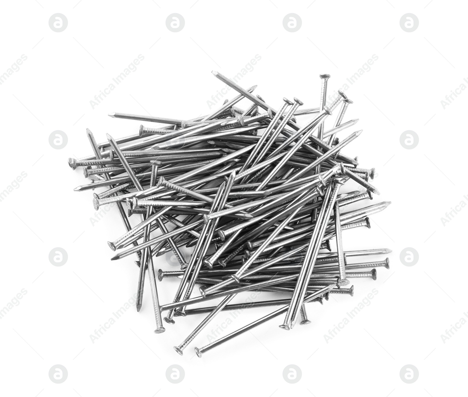 Photo of Pile of metal nails on white background, top view