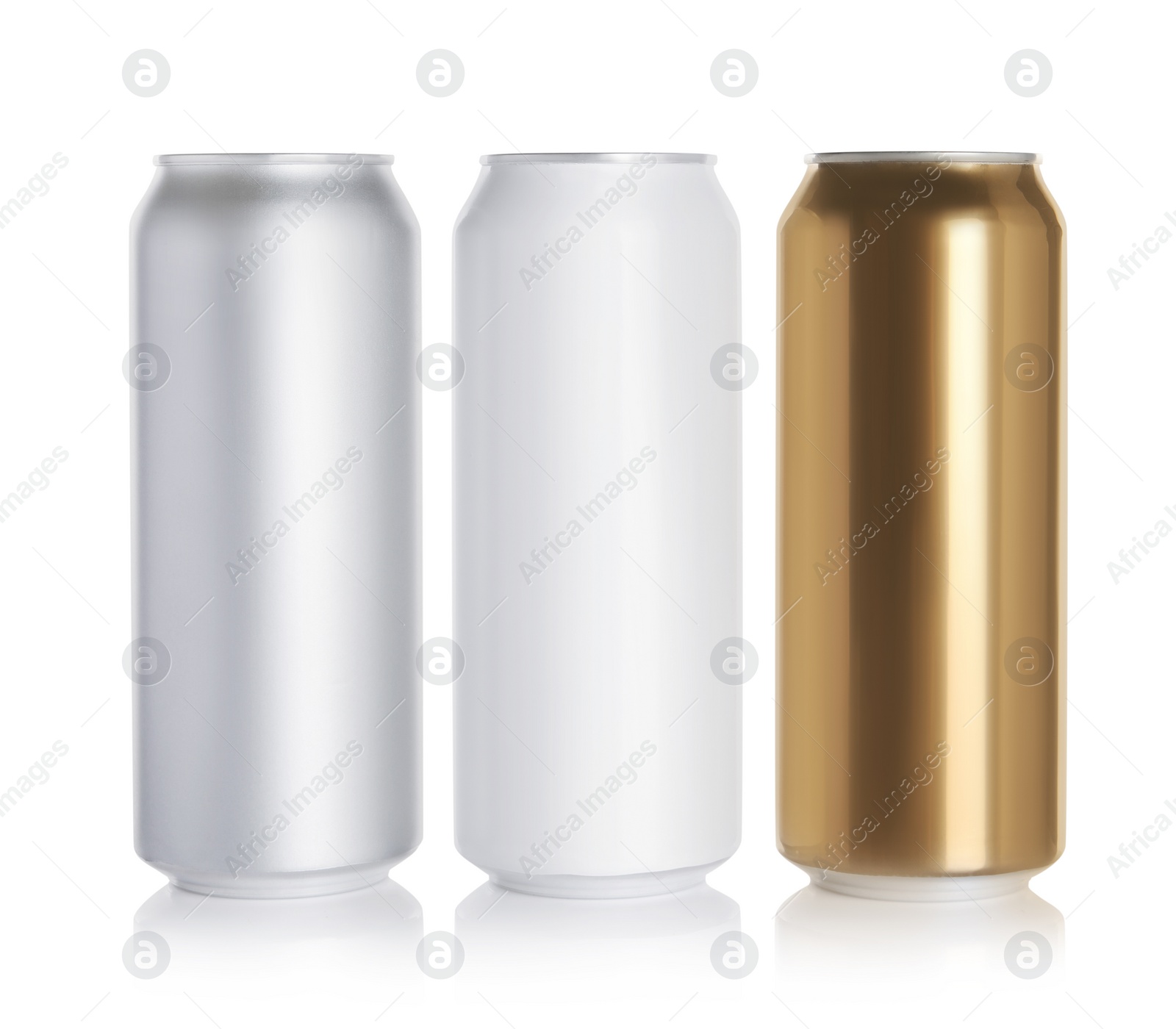 Photo of Aluminum cans with drinks on white background