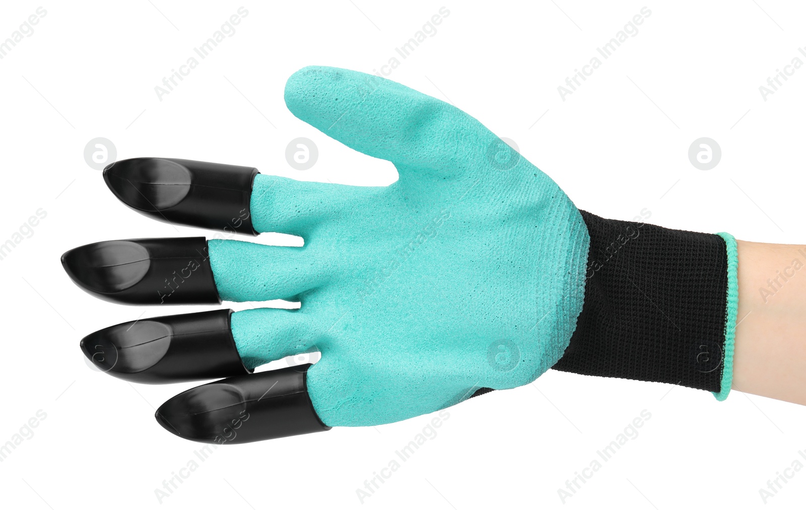 Photo of Woman in claw gardening glove on white background, closeup