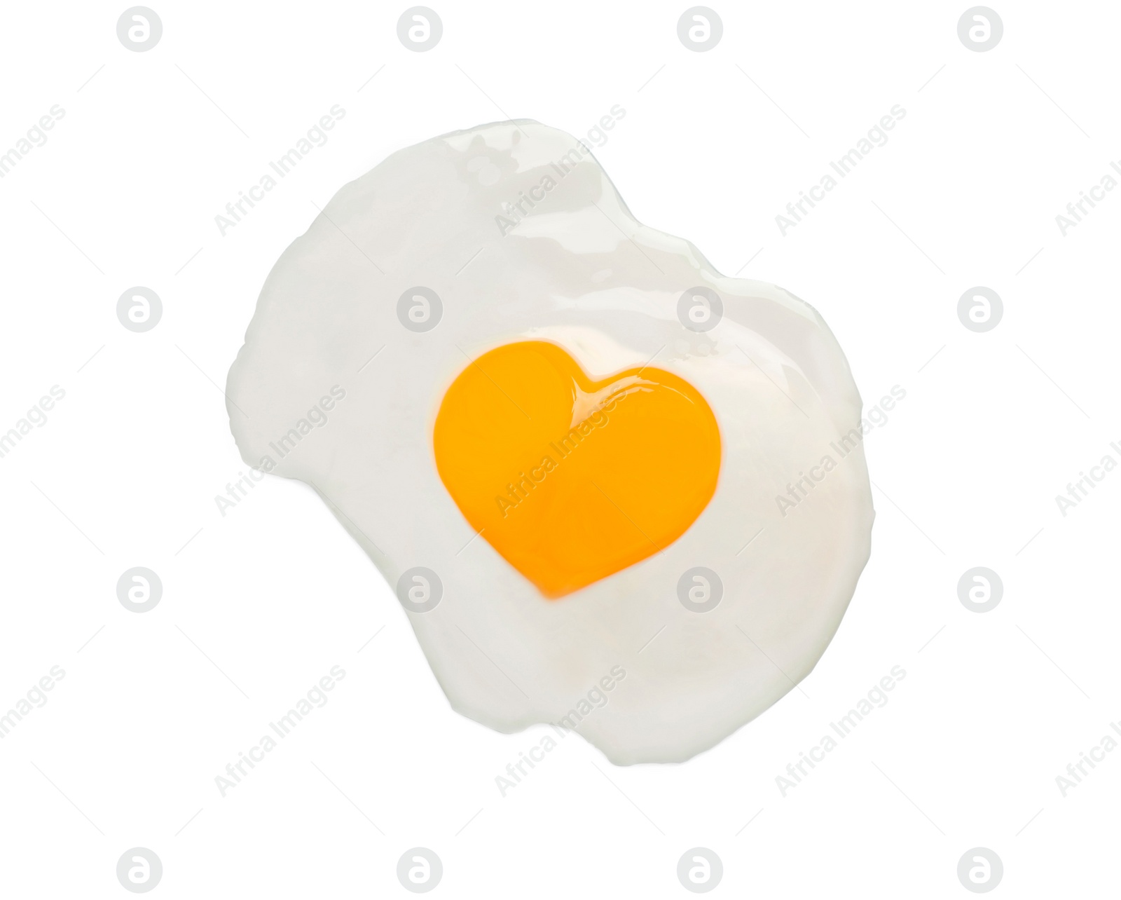 Image of Tasty fried egg with yolk in shape of heart on white background, top view