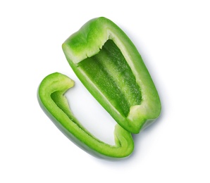 Slices of fresh green bell pepper on white background, top view