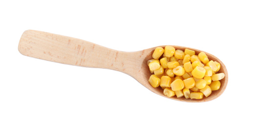 Photo of Delicious canned corn in spoon isolated on white, top view