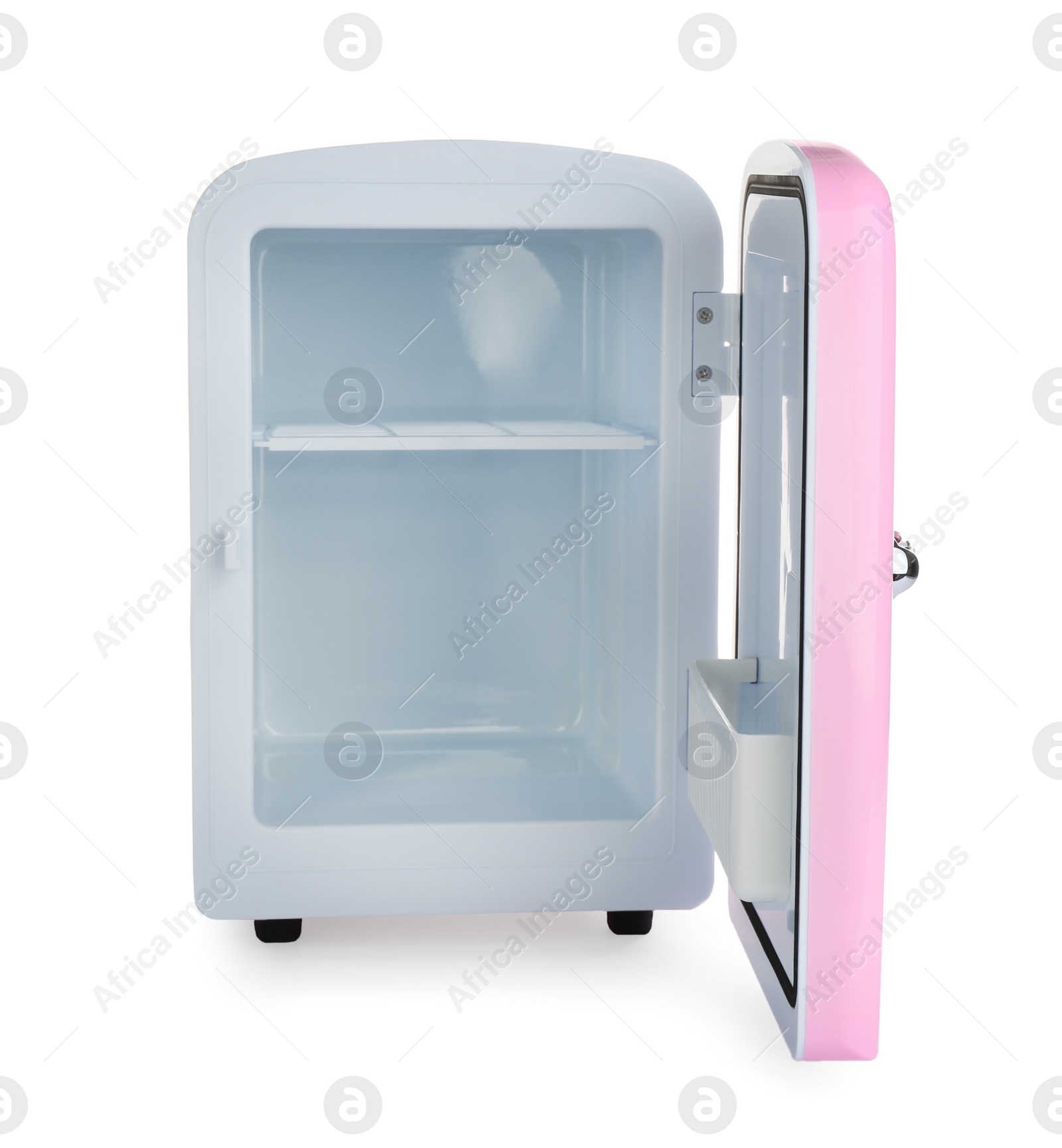 Photo of Open pink cosmetics refrigerator isolated on white