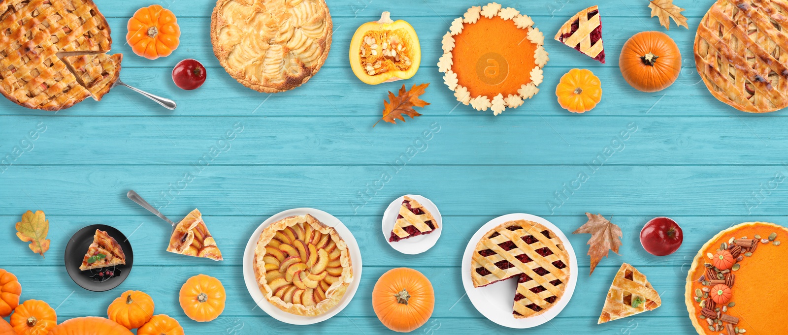 Image of Flat lay composition with different tasty pies on blue wooden table. Banner design