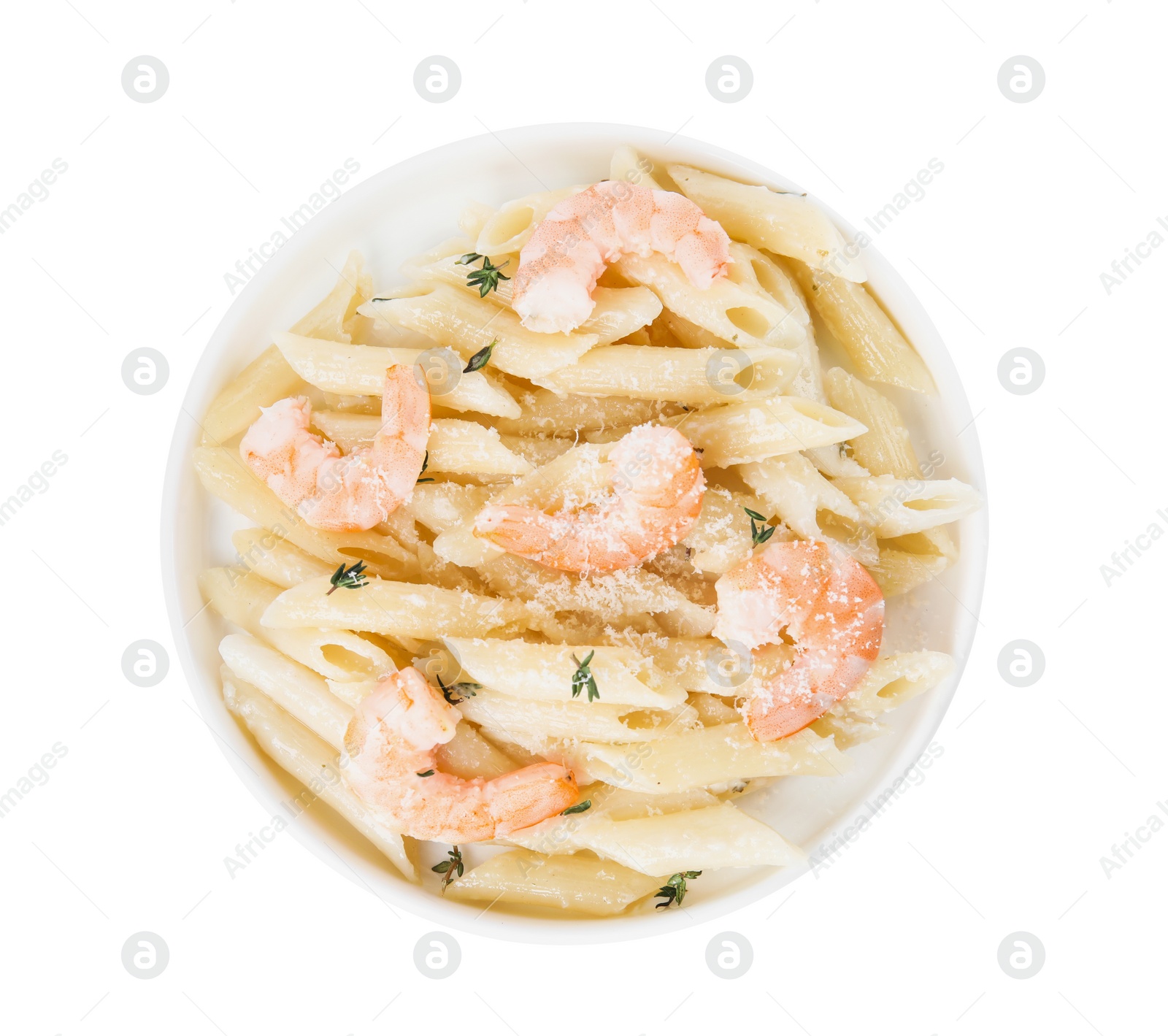 Photo of Delicious pasta with shrimps isolated on white, top view