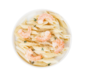 Photo of Delicious pasta with shrimps isolated on white, top view