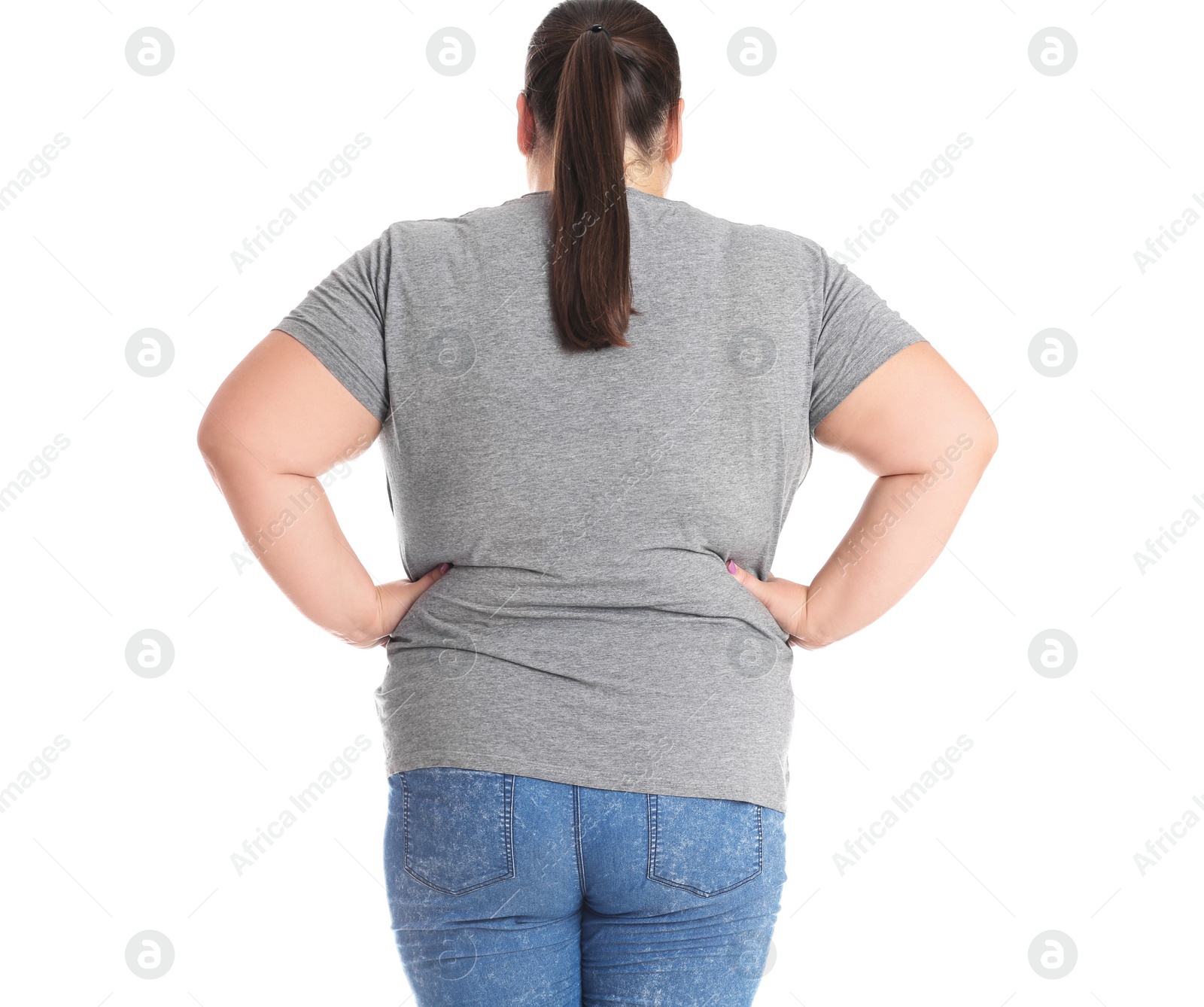 Photo of Overweight woman before weight loss on white background