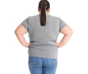 Photo of Overweight woman before weight loss on white background