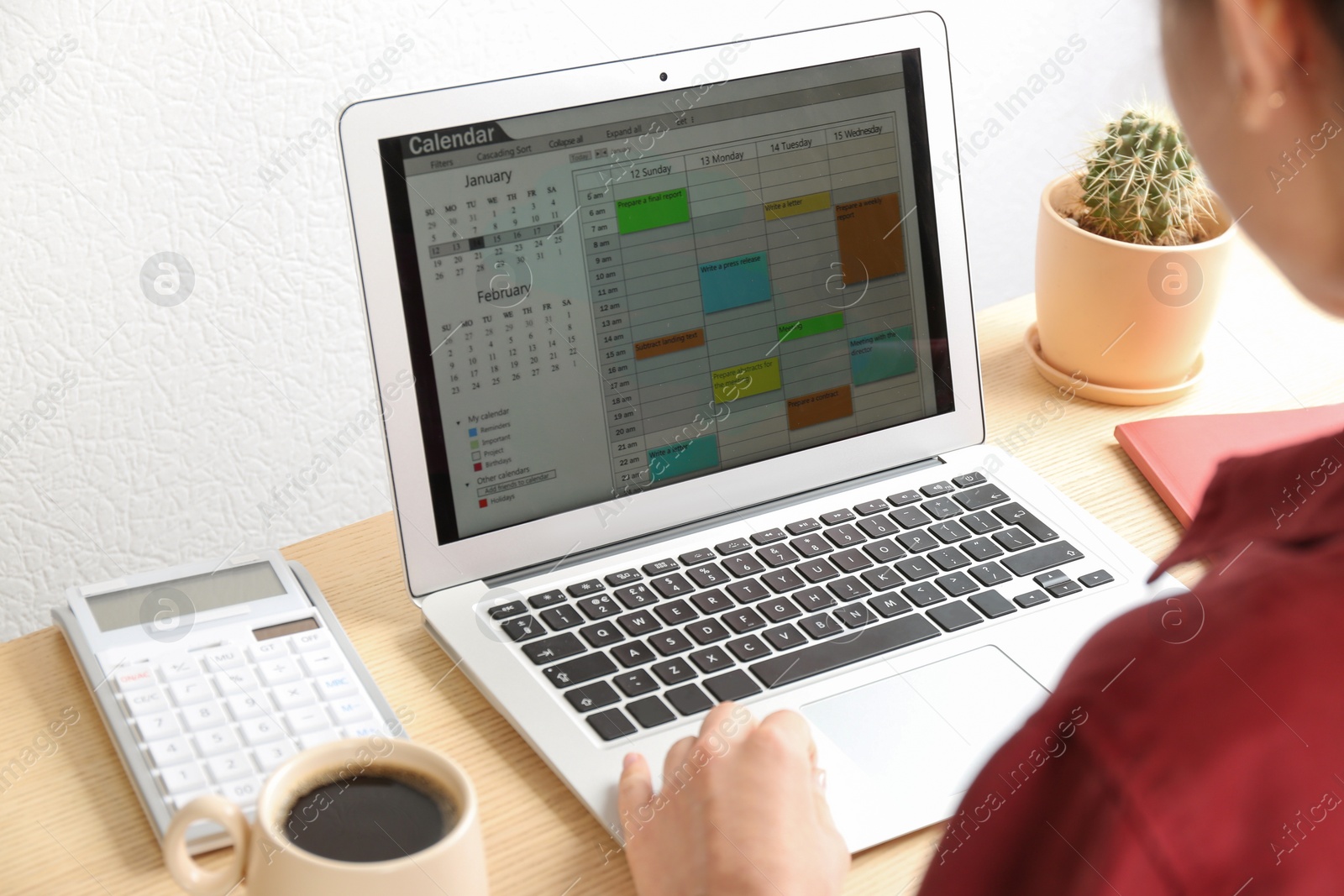 Photo of Woman using calendar app on laptop in office, closeup