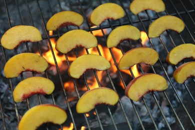 Photo of Modern grill with tasty peach slices, closeup