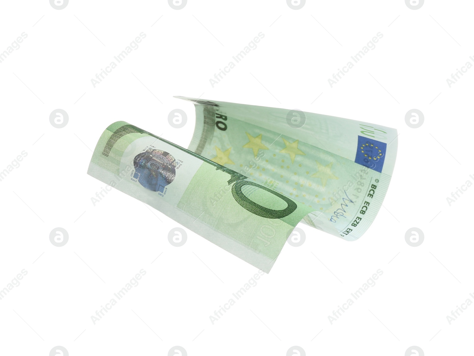 Photo of Euro banknote isolated on white. Flying money