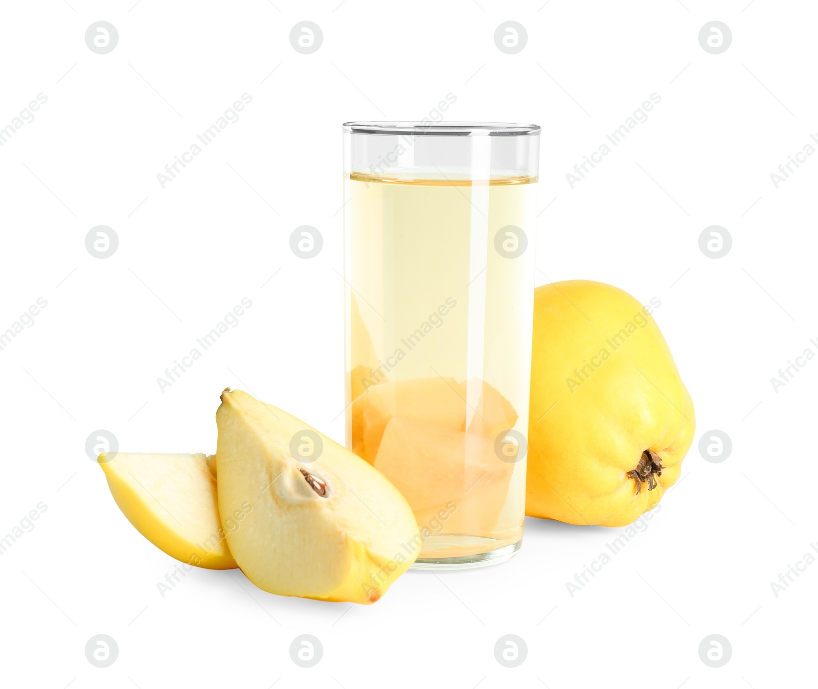 Photo of Delicious quince drink in glass and fresh fruits isolated on white