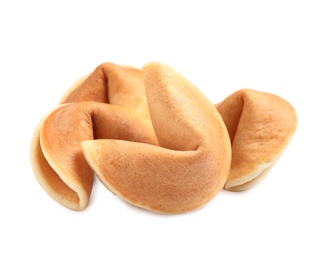 Photo of Tasty traditional fortune cookies on white background