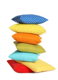 Photo of Stack of colorful decorative pillows on white background