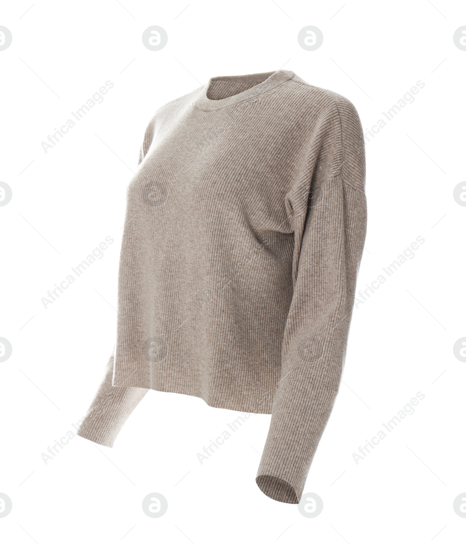 Photo of Stylish sweater on mannequin against white background. Women's clothes
