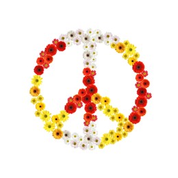 Image of Hippie peace symbol of beautiful flowers on white background