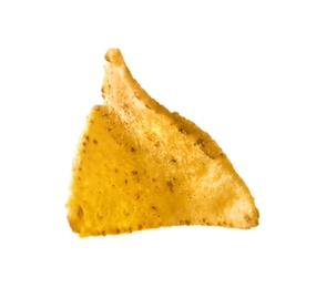 Photo of Tasty Mexican nacho chip on white background