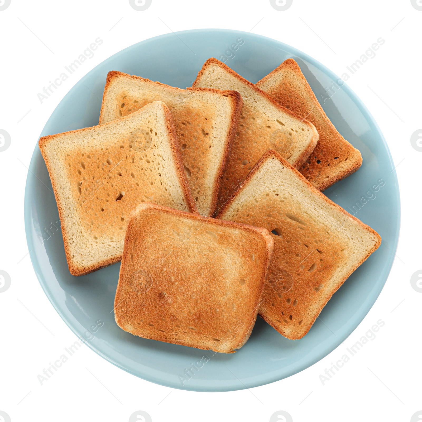 Photo of Plate with slices of delicious toasted bread on white background, top view