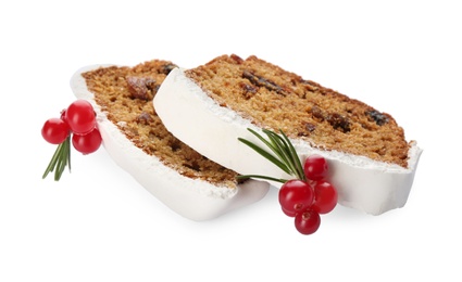 Photo of Slices of traditional Christmas cake with cranberries and icing isolated on white. Classic recipe