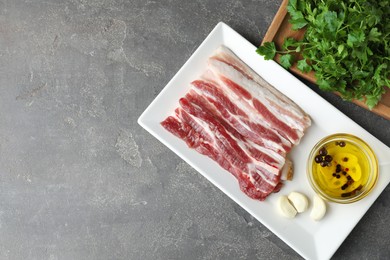 Photo of Pieces of raw pork belly, oil, parsley and garlic on grey textured table, top view. Space for text