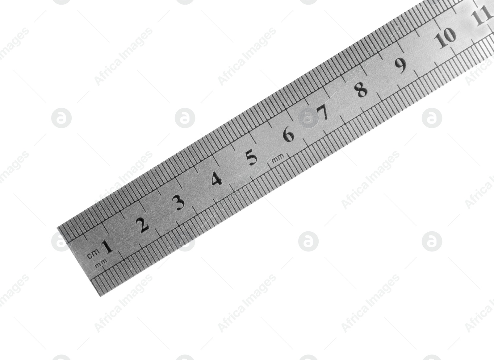 Photo of Metal ruler with measuring length markings in centimeters isolated on white, top view