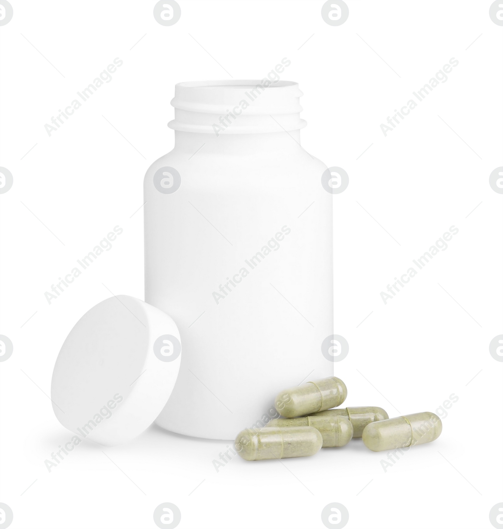 Photo of Jar with vitamin capsules isolated on white