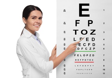 Ophthalmologist pointing at vision test chart on white background