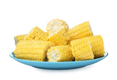 Photo of Plate with pieces of corncobs on white background