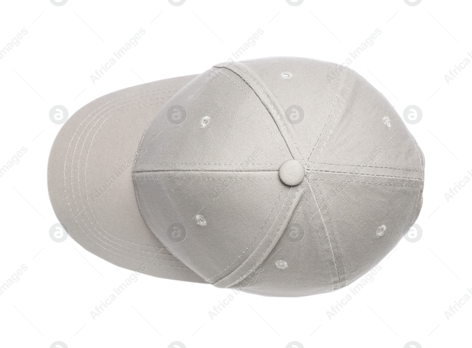 Photo of Stylish light grey baseball cap isolated on white, top view