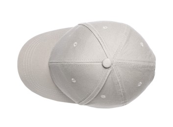 Photo of Stylish light grey baseball cap isolated on white, top view