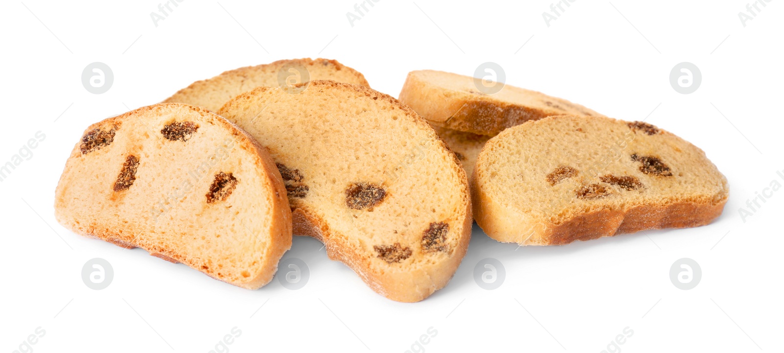 Photo of Sweet hard chuck crackers with raisins on white background