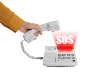 Image of Woman picking up telephone on white background. Emergency SOS call