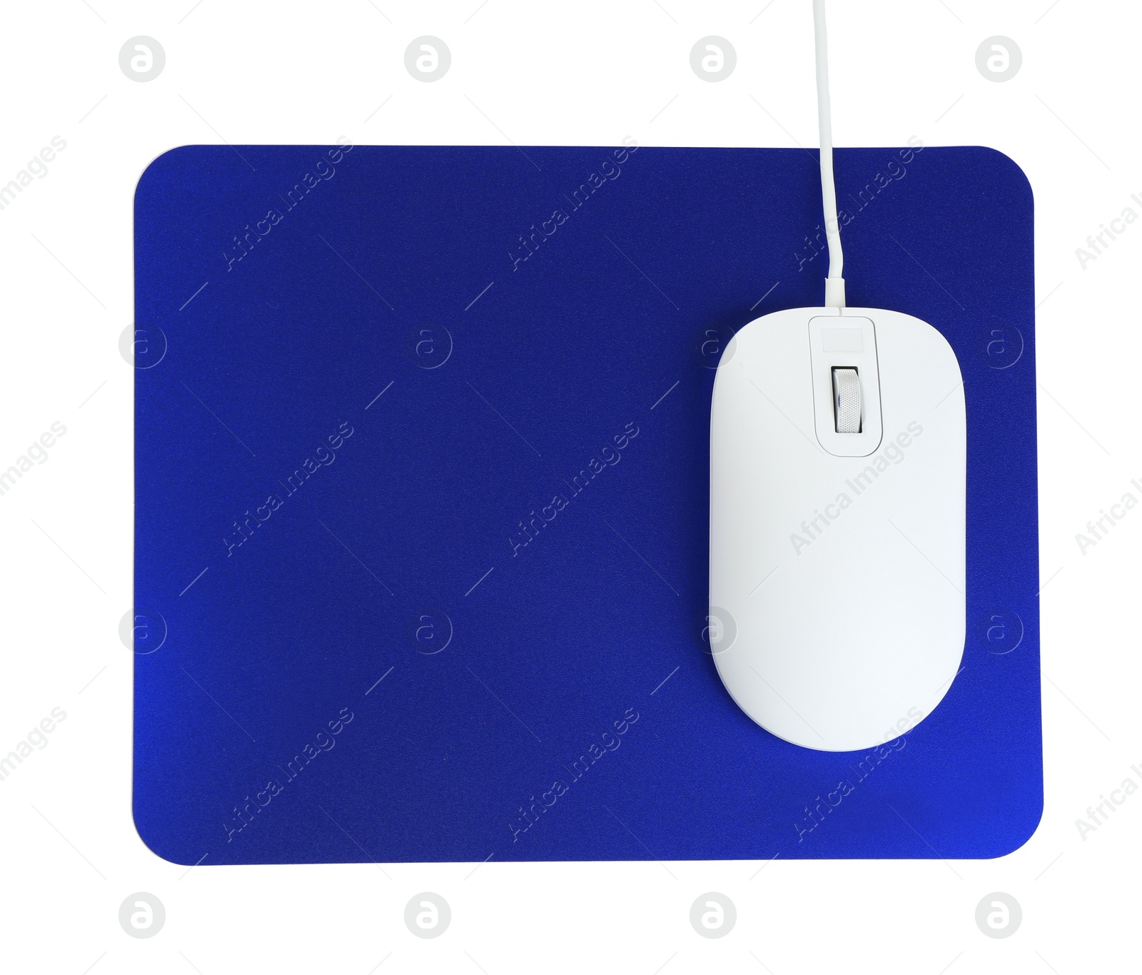 Photo of Modern wired optical mouse and blue pad isolated on white, top view