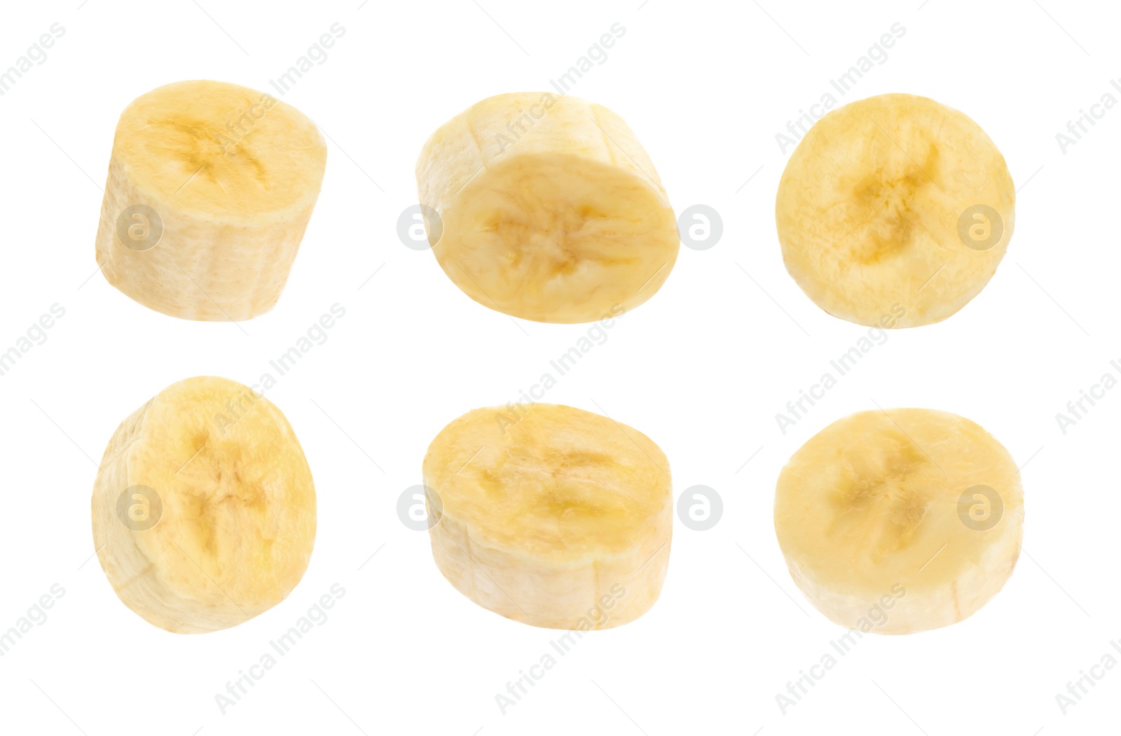 Image of Pieces of tasty ripe banana on white background, collage 