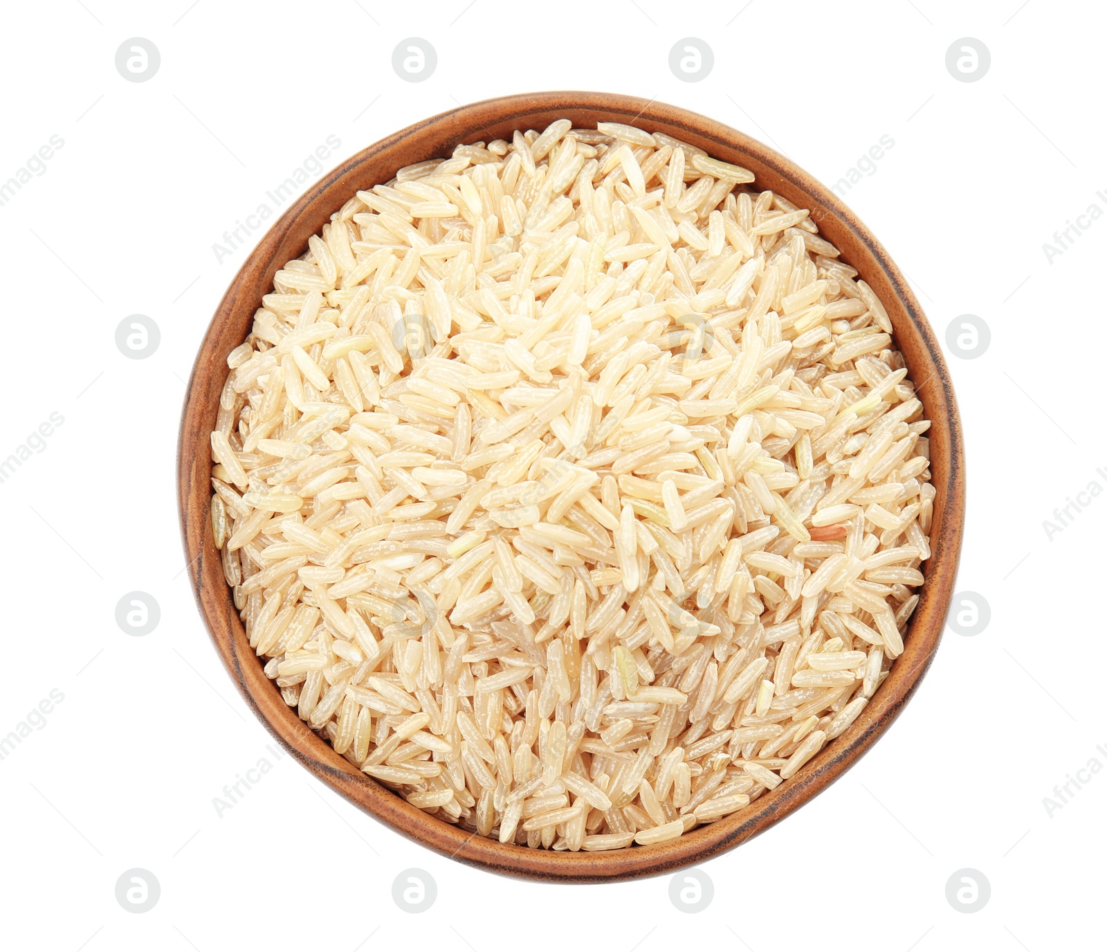 Photo of Bowl with raw unpolished rice on white background, top view