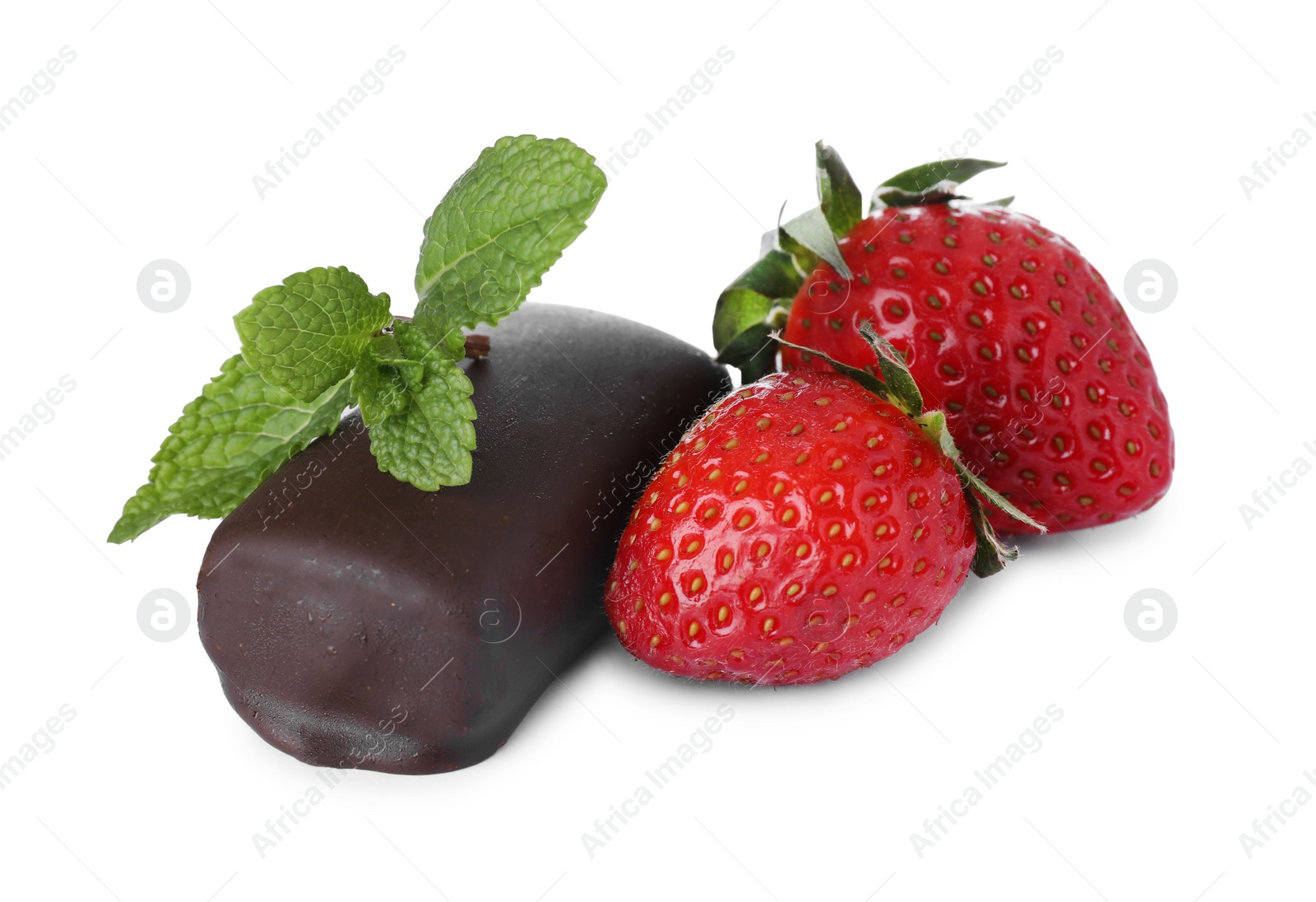 Photo of Delicious glazed curd snack, mint leaves and fresh strawberries isolated on white