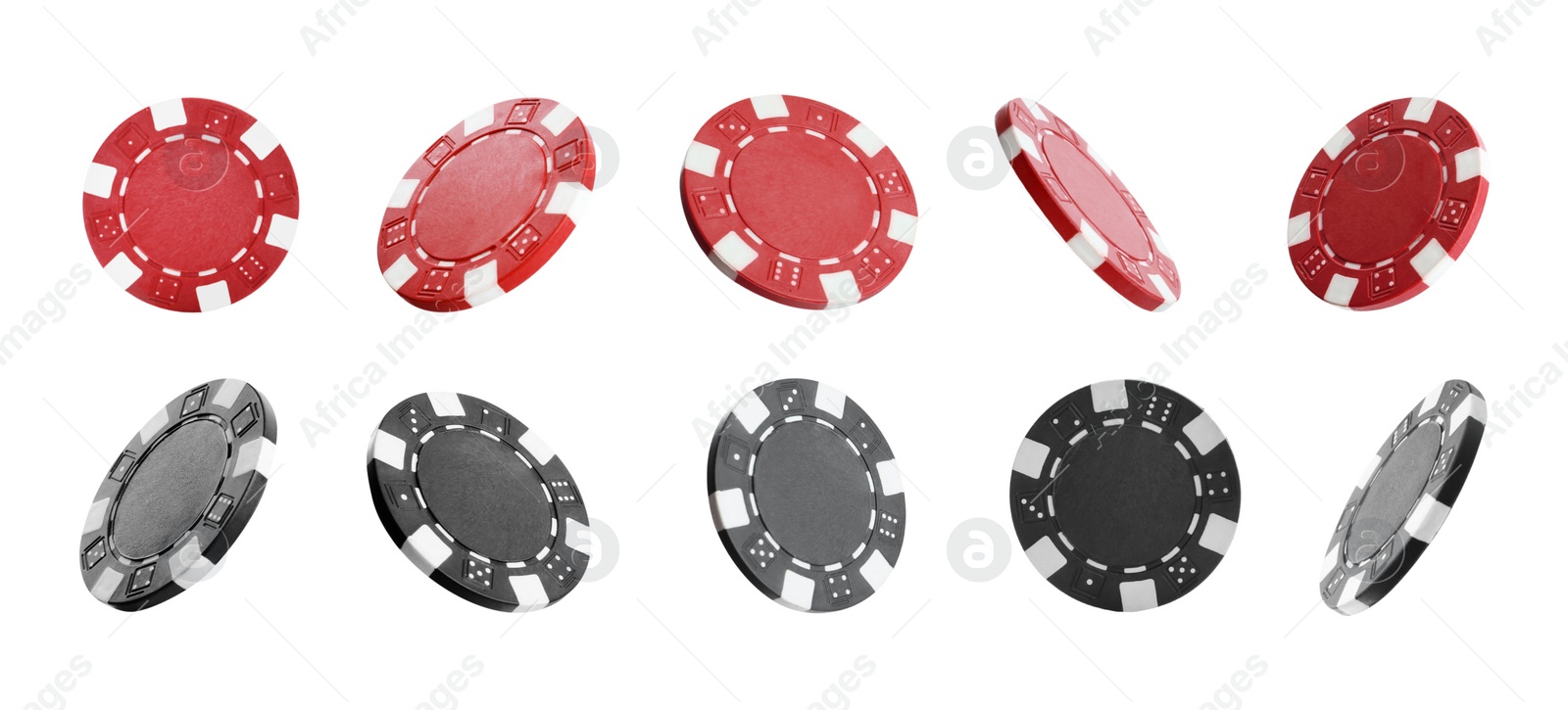 Image of Set with different casino chips on white background. Banner design